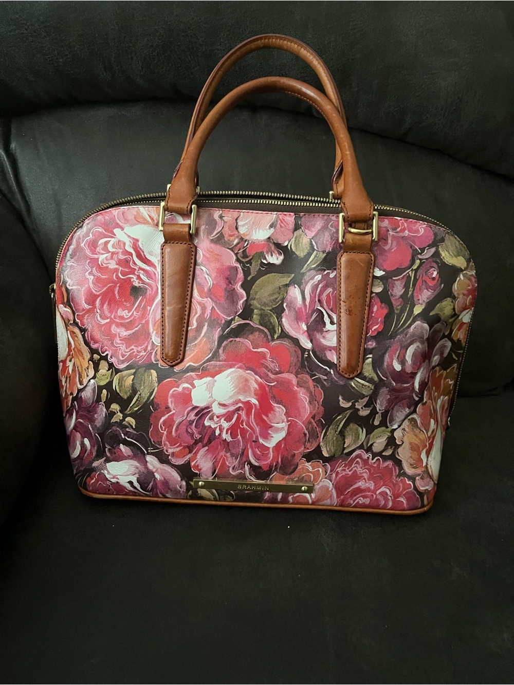 Vintage Brahmin Floral Dome Satchel Handbag Pink Rose Print Cognac Leather EUC